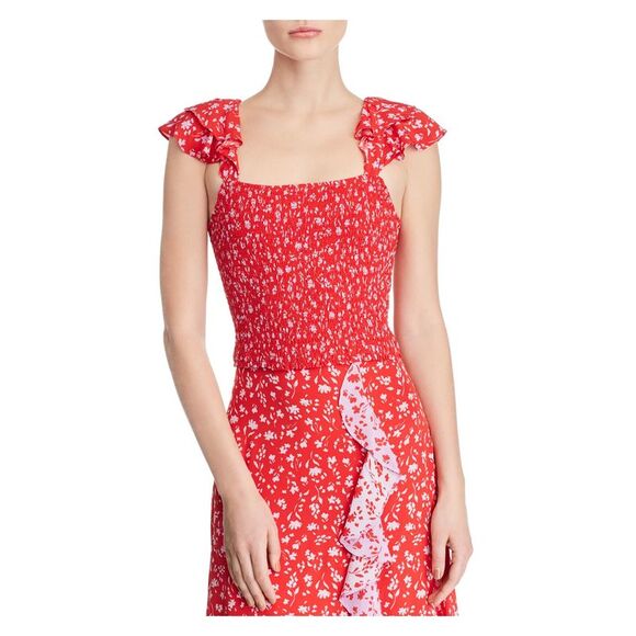 PARKER Tops - PARKER Womens Red Ruched Floral Cap Sleeve Square Neck Crop Top Size: L